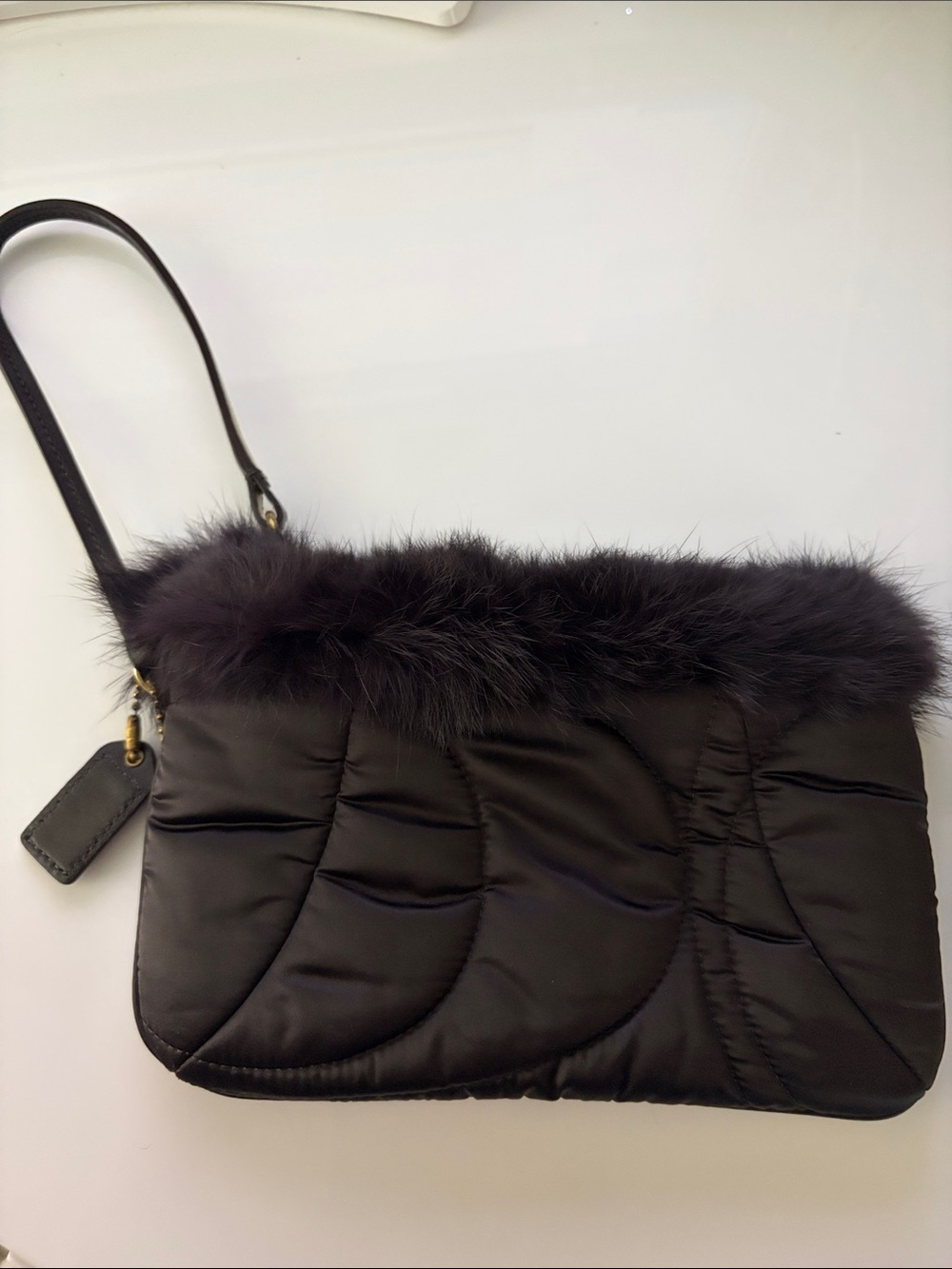 Coach Brown Quilted Wristlet with Faux Fur Trim